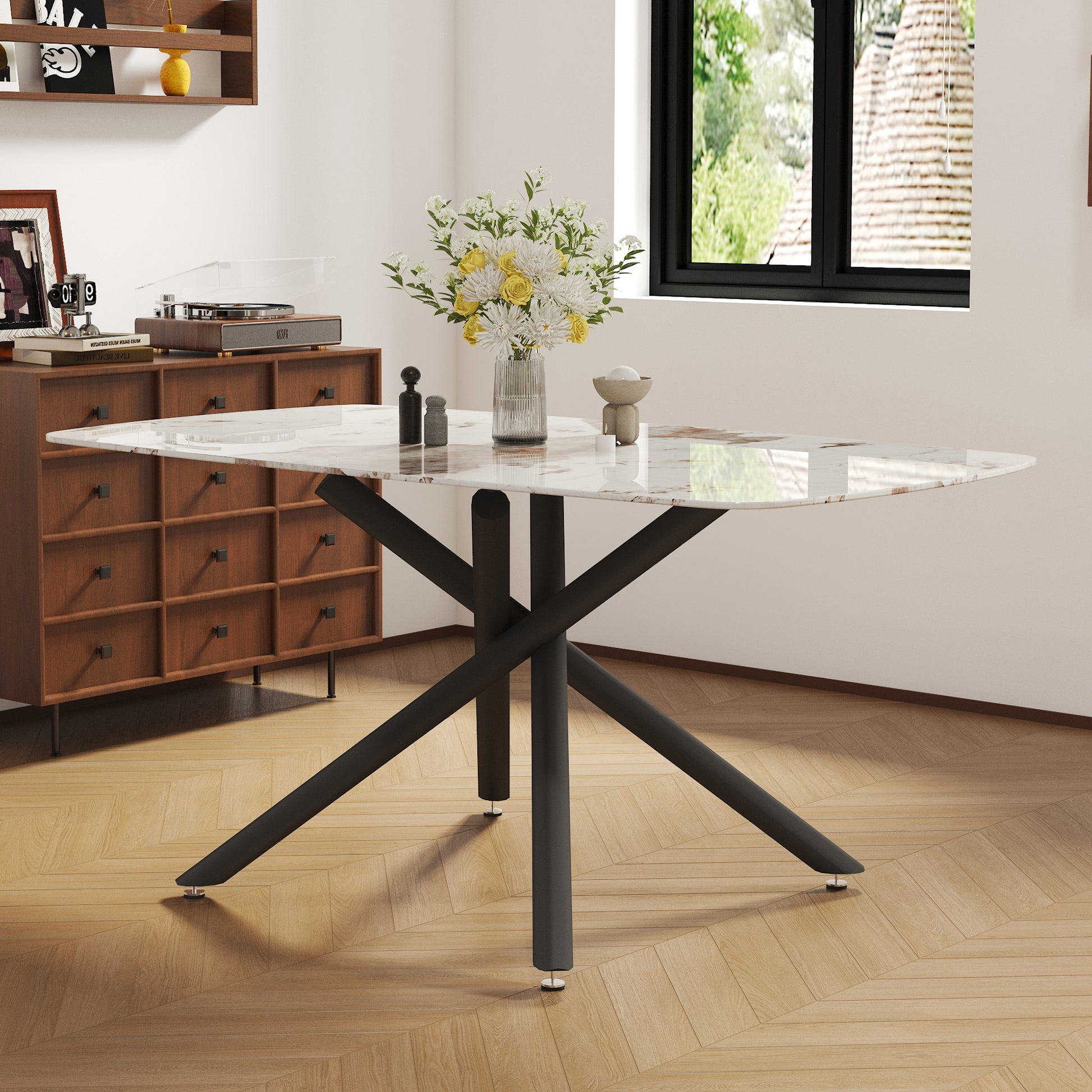 63" Luxurious White Marble-Patterned Tempered Glass Dining Table.single Fork Black Metal Table Legs.tempered Glass Table Top - detail view 3