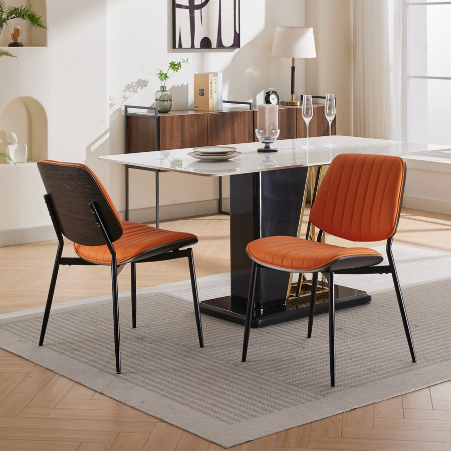 Orange PU Leather Dining Chairs with Wood Legs (Set of 2)