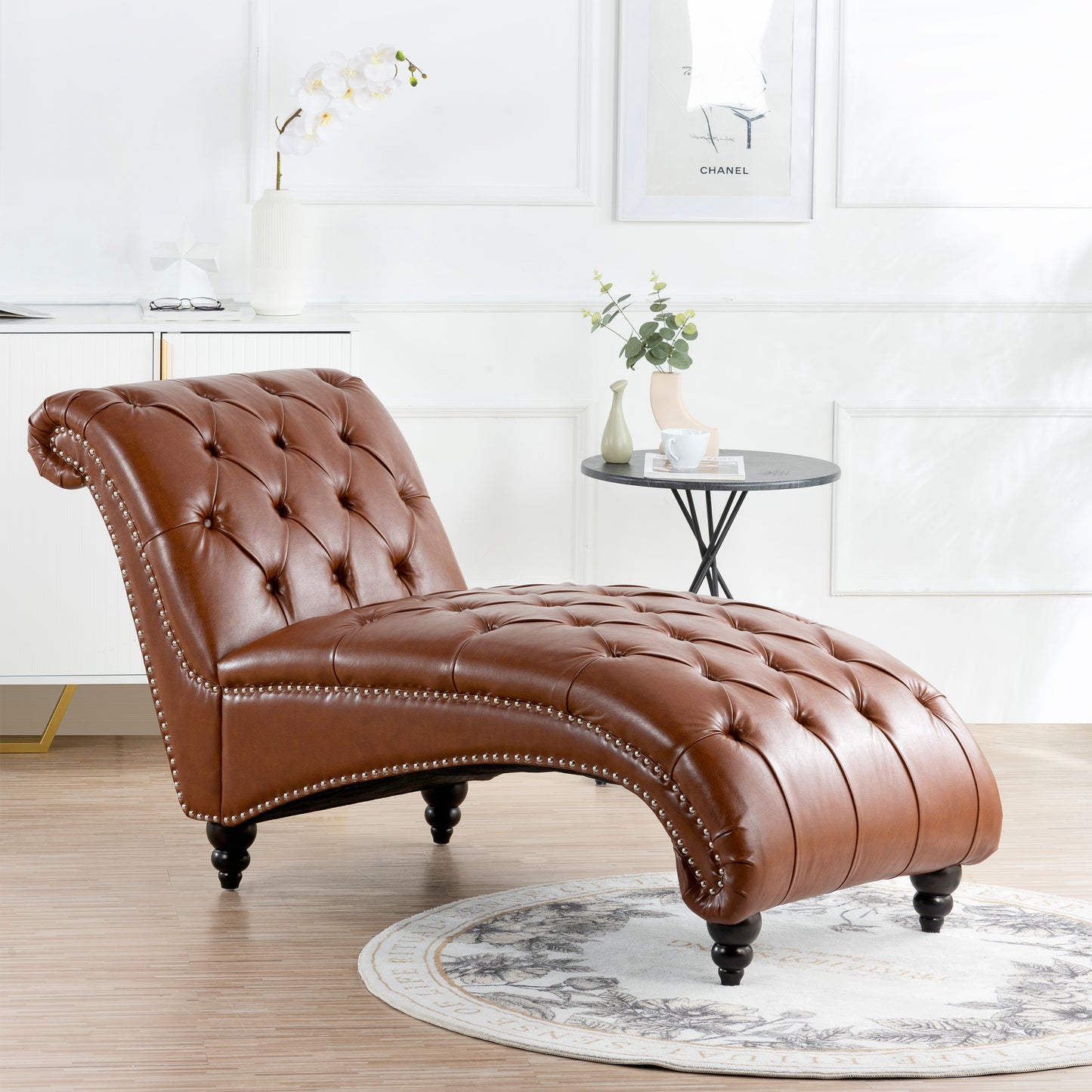 Brown PU Tufted Armless Chaise Lounge with Foam Seating & Birch Legs - detail view 2