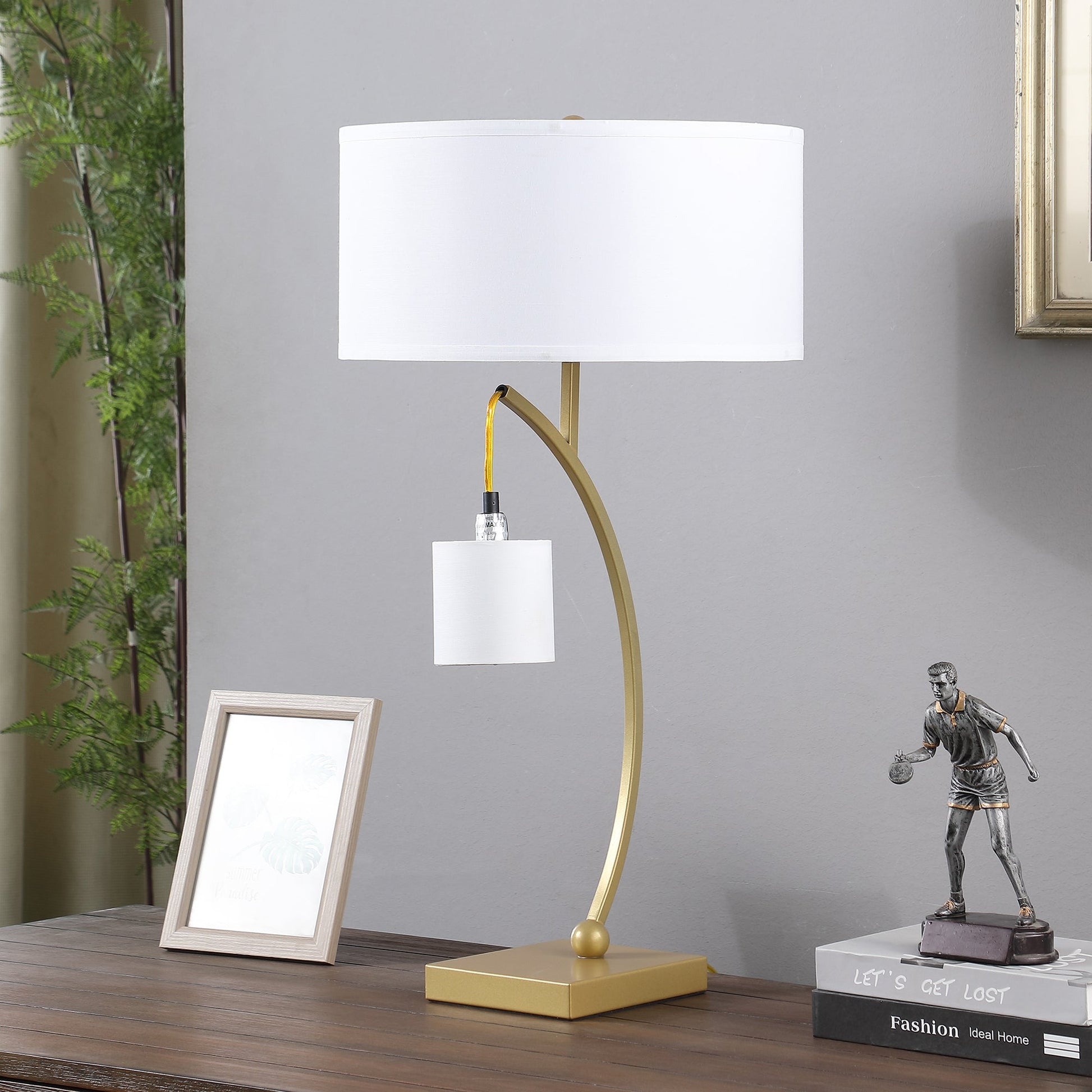 Dual Gold Arc W/ Hanging Pendelum Lamp Metal Table Lamp