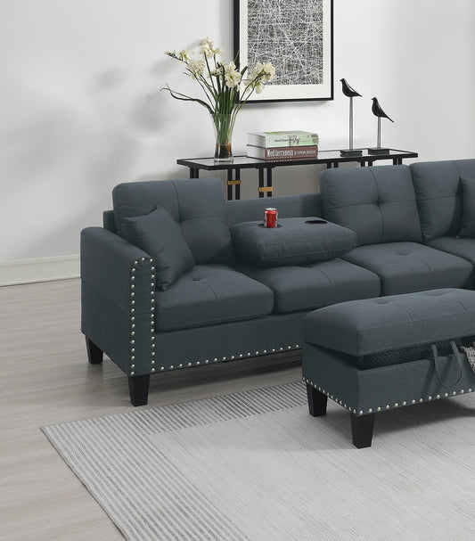 Living Room Furniture 3-PCS Sectional Sofa Set LAF Sofa RAF Chaise And Storage Ottoman Cup Holder Charcoal Color Linen-Like Fabric Couch - detail view 2