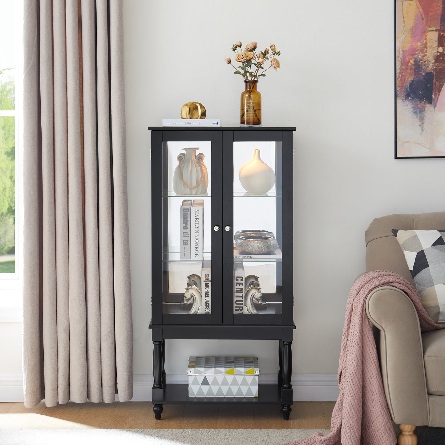 Shelton Lighted Curio Cabinet with Mirrored Back, Black