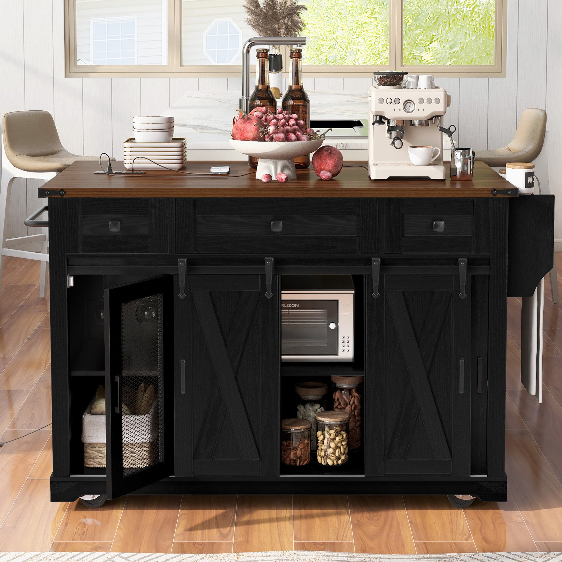 K&k 58' Farmhouse Kitchen Island with Storage - Black - detail view 2