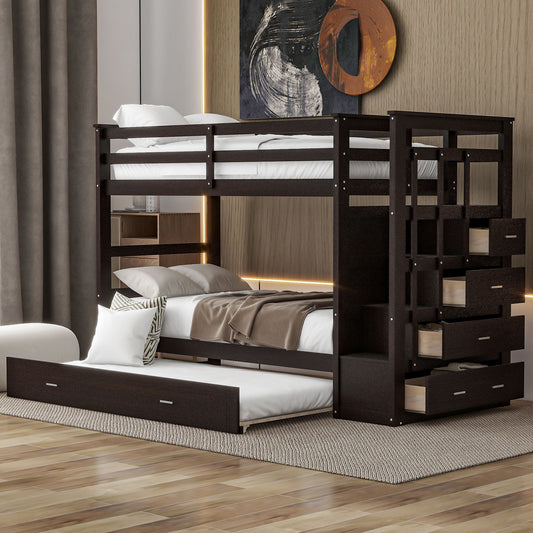 Twin over Twin Bunk Bed with Trundle and Staircase - Espresso - primary color shot