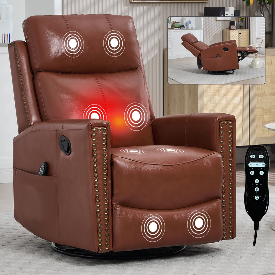 Red Genuine Leather Heat Massage Manual Recliner Chair with Rocker and Swivel - primary color shot