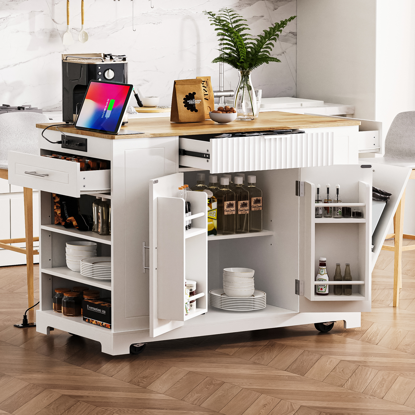 K&k Fluted Kitchen Island with Trash Can Storage Cabinet - White - primary color shot