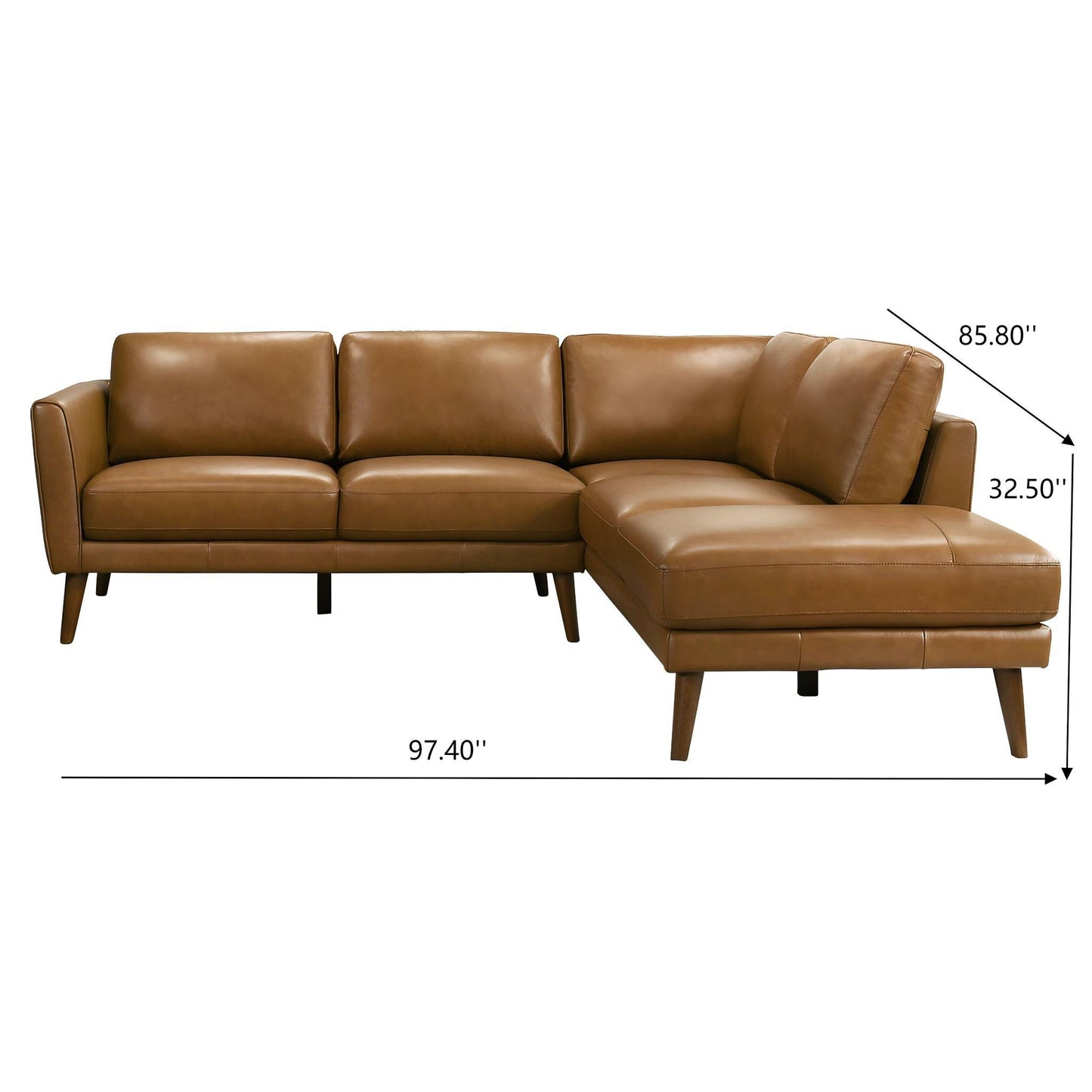 Mid-In Mod Benson Tan Leather Sectional Sofa with Right Facing Chaise - Mid-Century Modern Design - detail view 4
