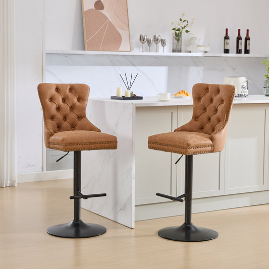 Orange PU Leather Tufted Bar Stool with Black Legs (Set of 2)