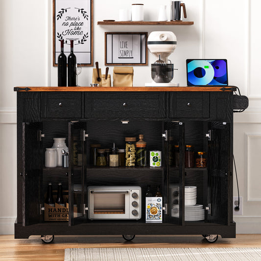 K&k 53'' Farmhouse Kitchen Island with Two Tempered Glass Cabinet Doors - Black - detail view 2