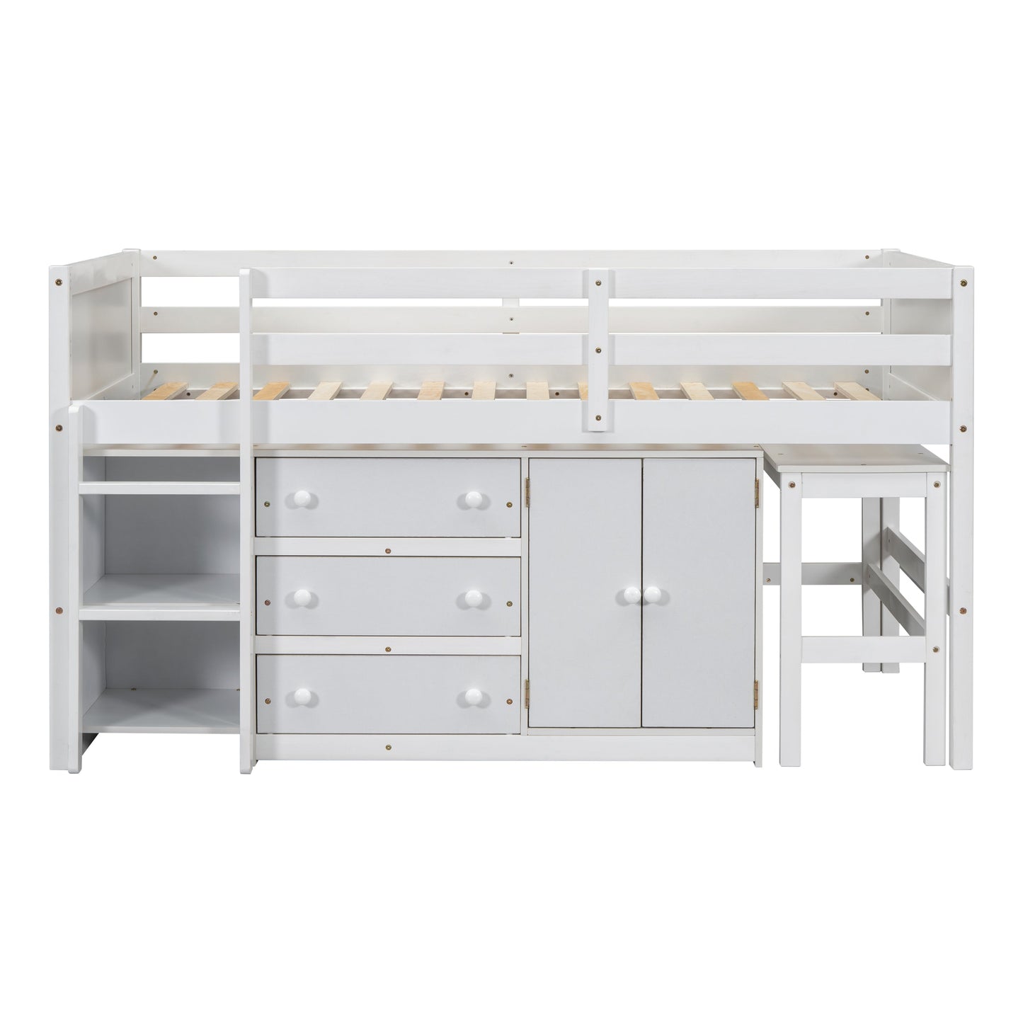Mariner Twin Size Low Loft Bed With Pull-Out Desk, Drawers, Cabinet, and Shelves