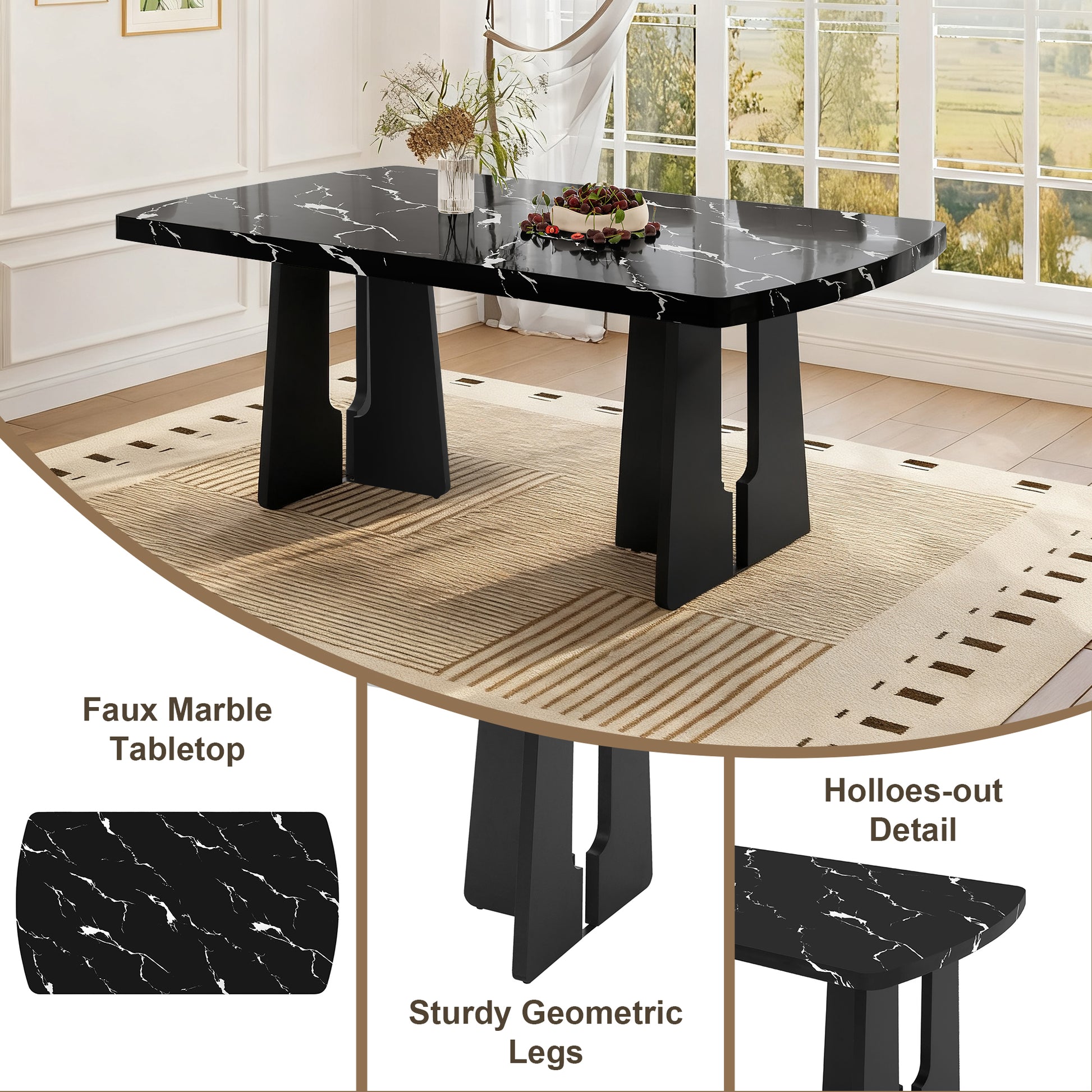 63' Modern Faux Marble Dining Table - Black/white Marble Top with Sturdy Geometric Legs, Stylish Kitchen & Dining Room Table for Dining - detail view 4