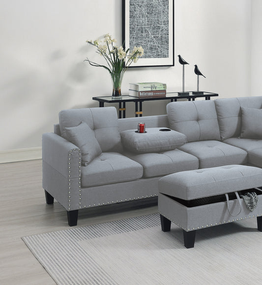 Living Room Furniture 3-PCS Sectional Sofa Set LAF Sofa RAF Chaise And Storage Ottoman Cup Holder Taupe Grey Color Linen-Like Fabric Couch - detail view 2