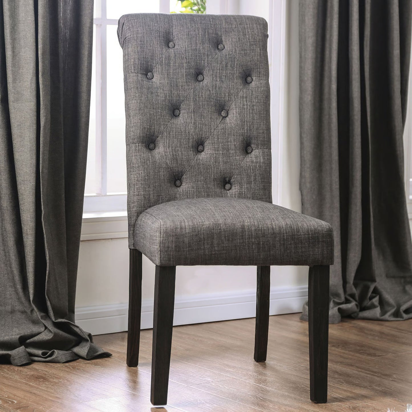 Madeline Button Tufted Linen Side Chairs with Black Legs, Gray