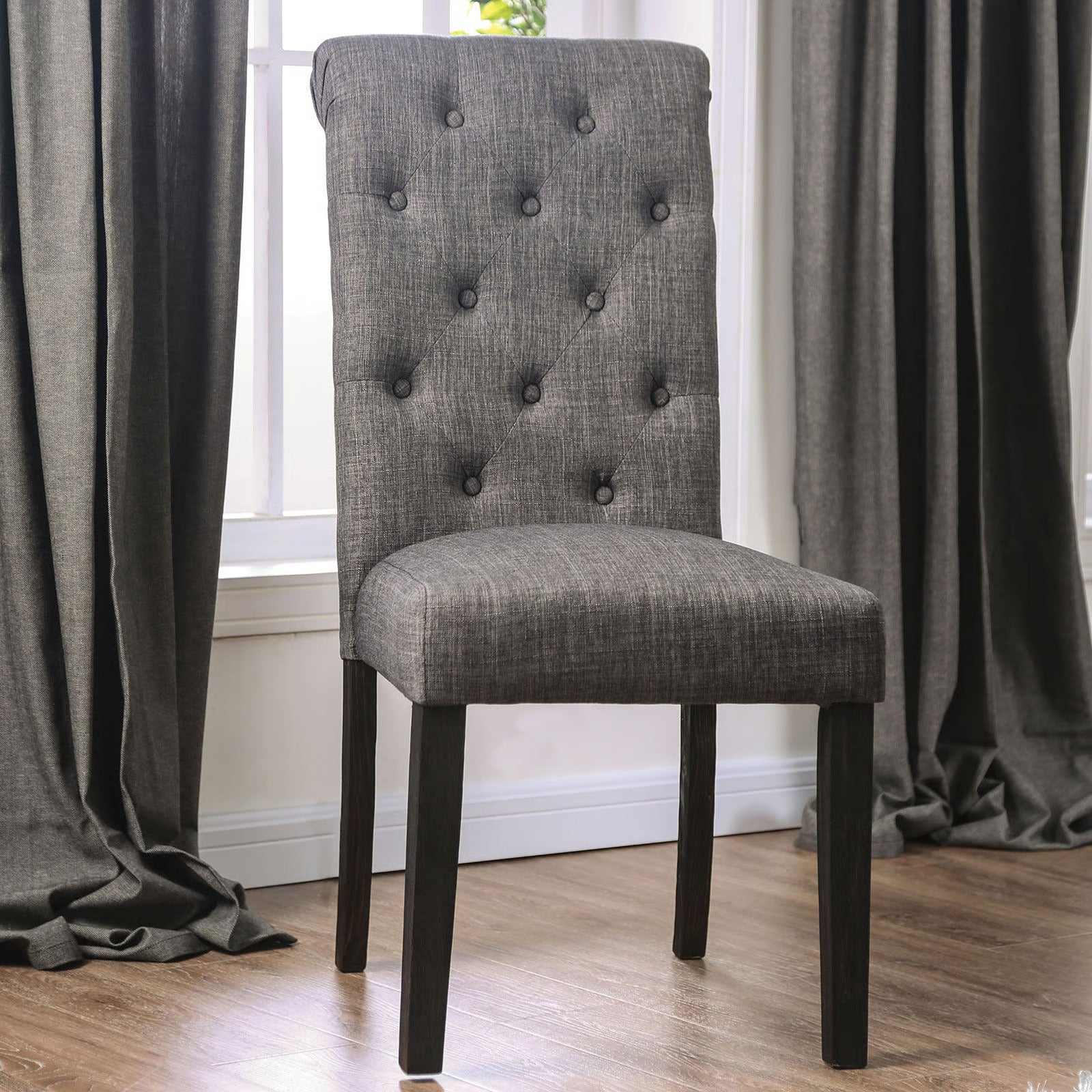 Madeline Button Tufted Linen Side Chairs with Black Legs, Gray