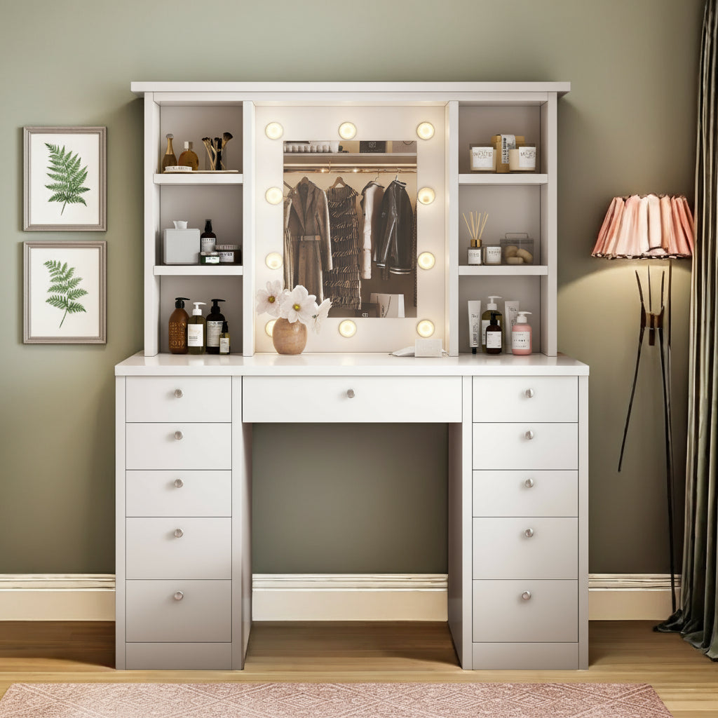 Hollis Vanity Desk with LED Lighted Mirror, White