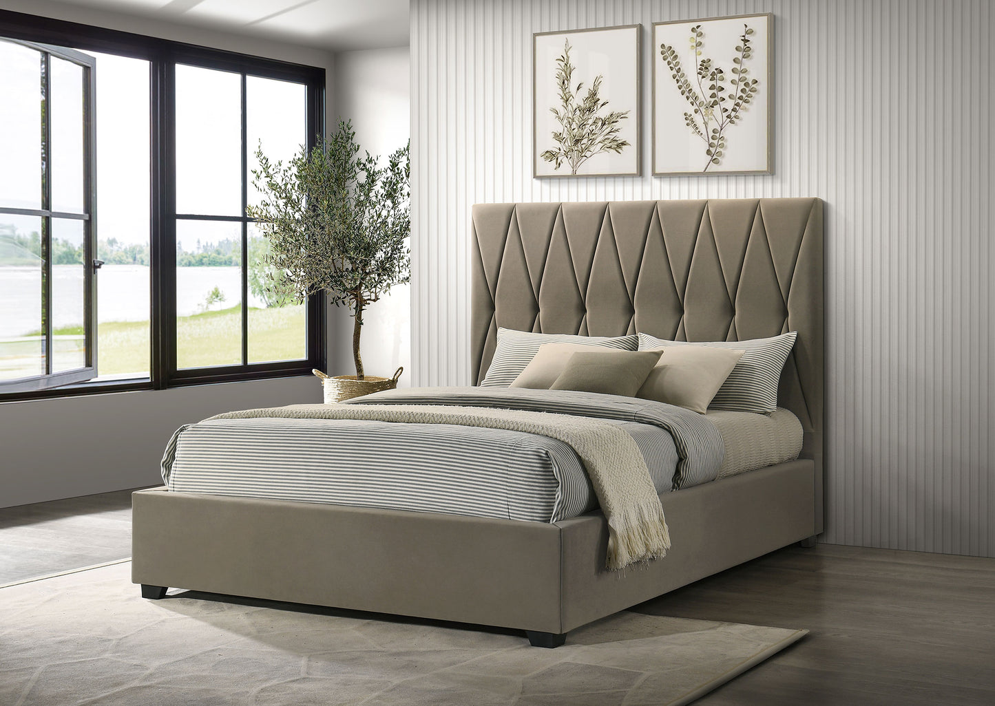 Delsea Light Brown Velvet Platform Bed – Queen