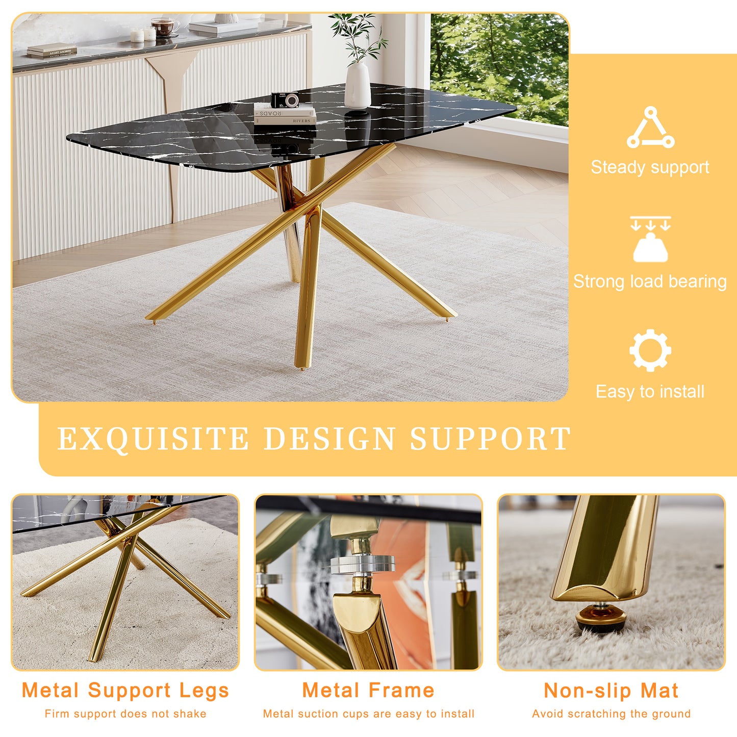 63" Luxurious Black Marble-Patterned Tempered Glass Dining Table.single Fork Golden Metal Table Legs.tempered Glass Table Top - Black & Gold - detail view 7