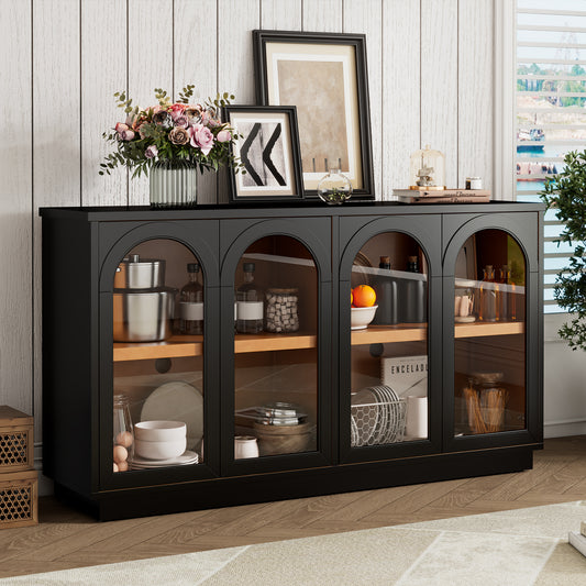TREXM 4-Door Large Storage Buffet Cabinet with Glass Doors - Black - primary color shot
