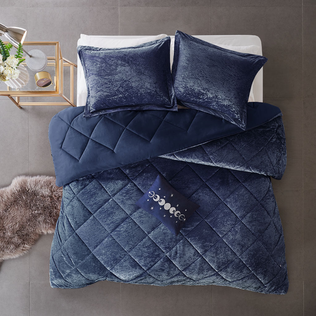 Navy Blue Velvet Comforter Set with Throw Pillow, Blue