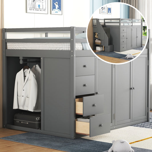 Full Size Wood Loft Bed with Built-in Wardrobes - Gray - primary color shot