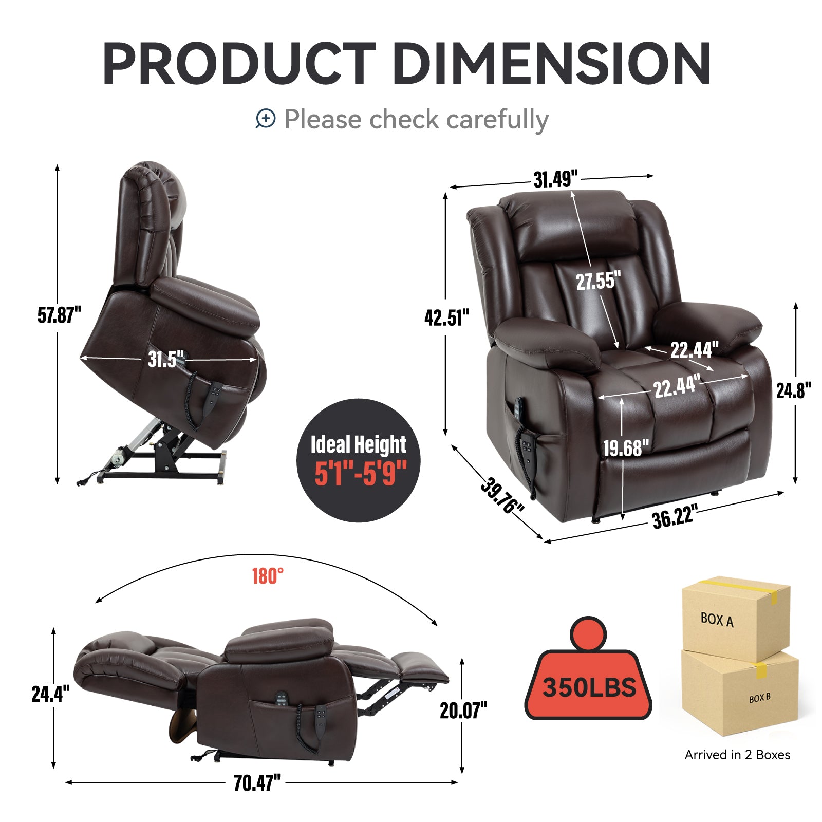 Dual Motor Infinite Position Up to 350 LBS Electric Medium Size Brown Power Lift Recliner Chair with 8-Point Vibration Massage and Lumbar - detail view 2