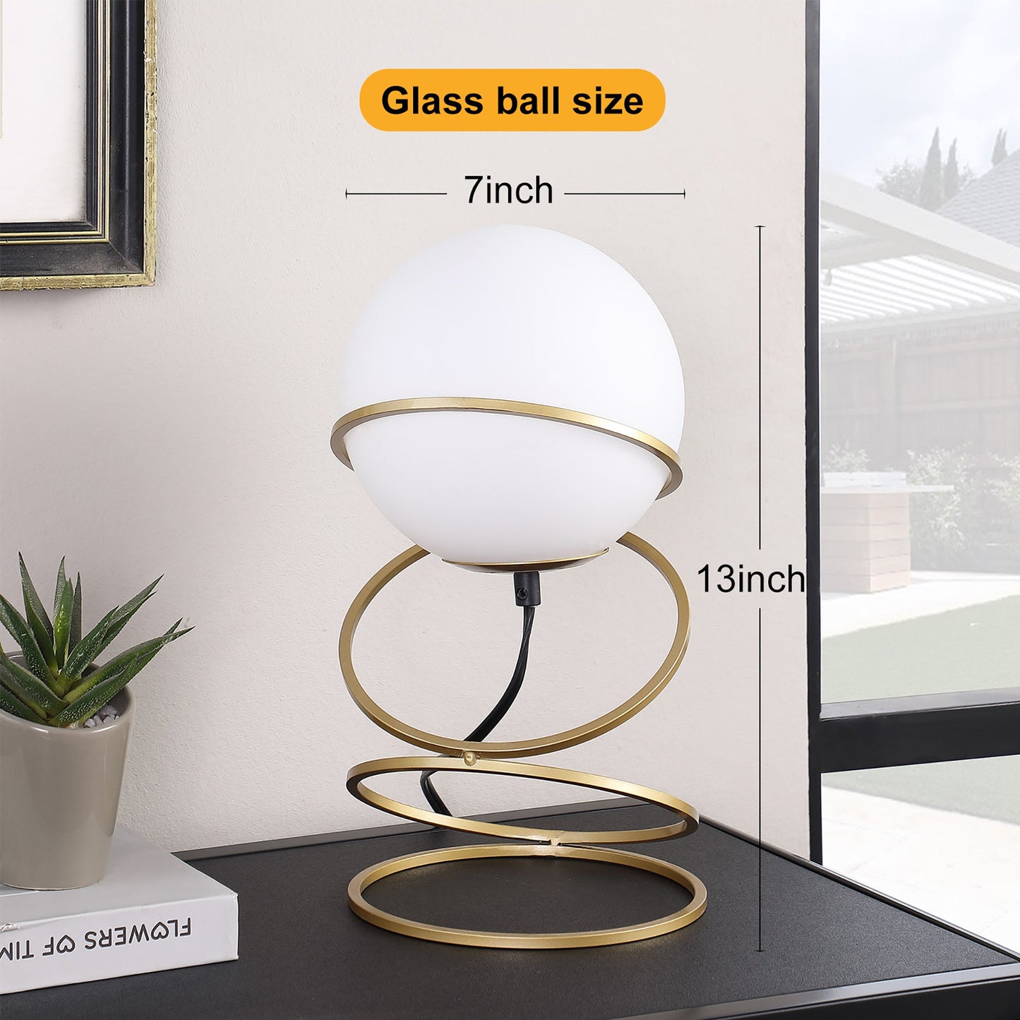 13.5' H Glass Globe Matte Gold Spiral 4 Ring Metal Stand Table Lamp for Living Room, Nightstand Bedside Table Lamp for Bedroom, LED Lamp