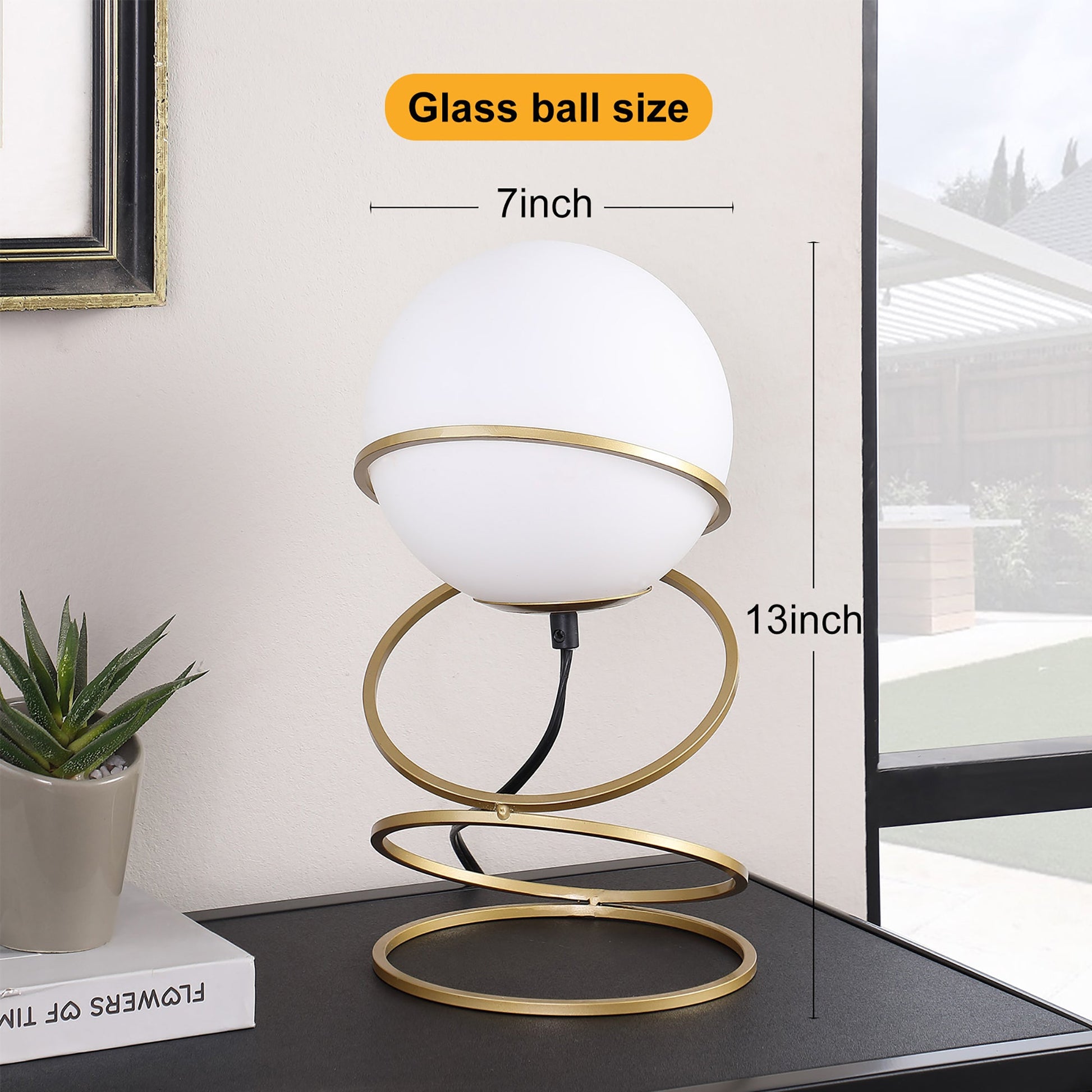 13.5' H Glass Globe Matte Gold Spiral 4 Ring Metal Stand Table Lamp for Living Room, Nightstand Bedside Table Lamp for Bedroom, LED Lamp