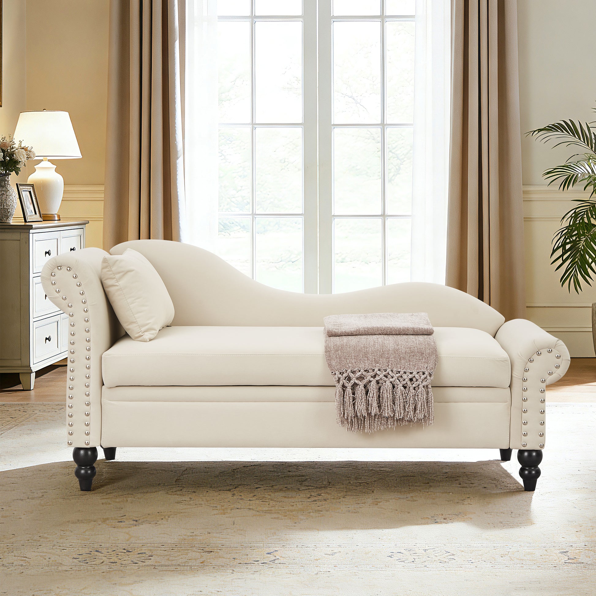 64" Modern Velvet Chaise Lounge - Beige - detail view 2