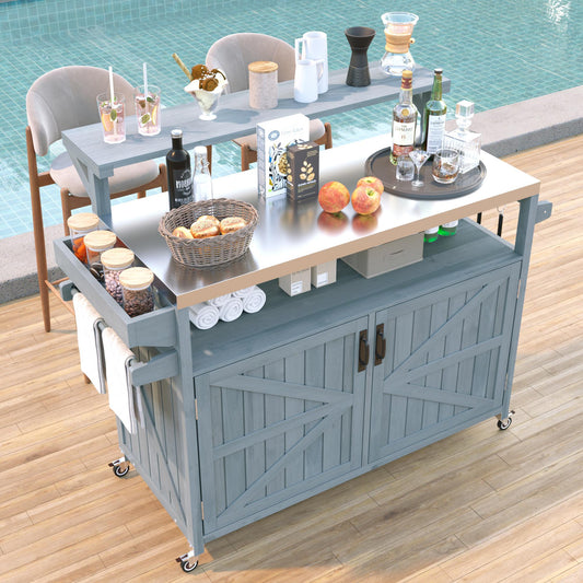 K&k 53.3' Outdoor Kitchen Island with Raised Shelf - Grey & Blue - primary color shot
