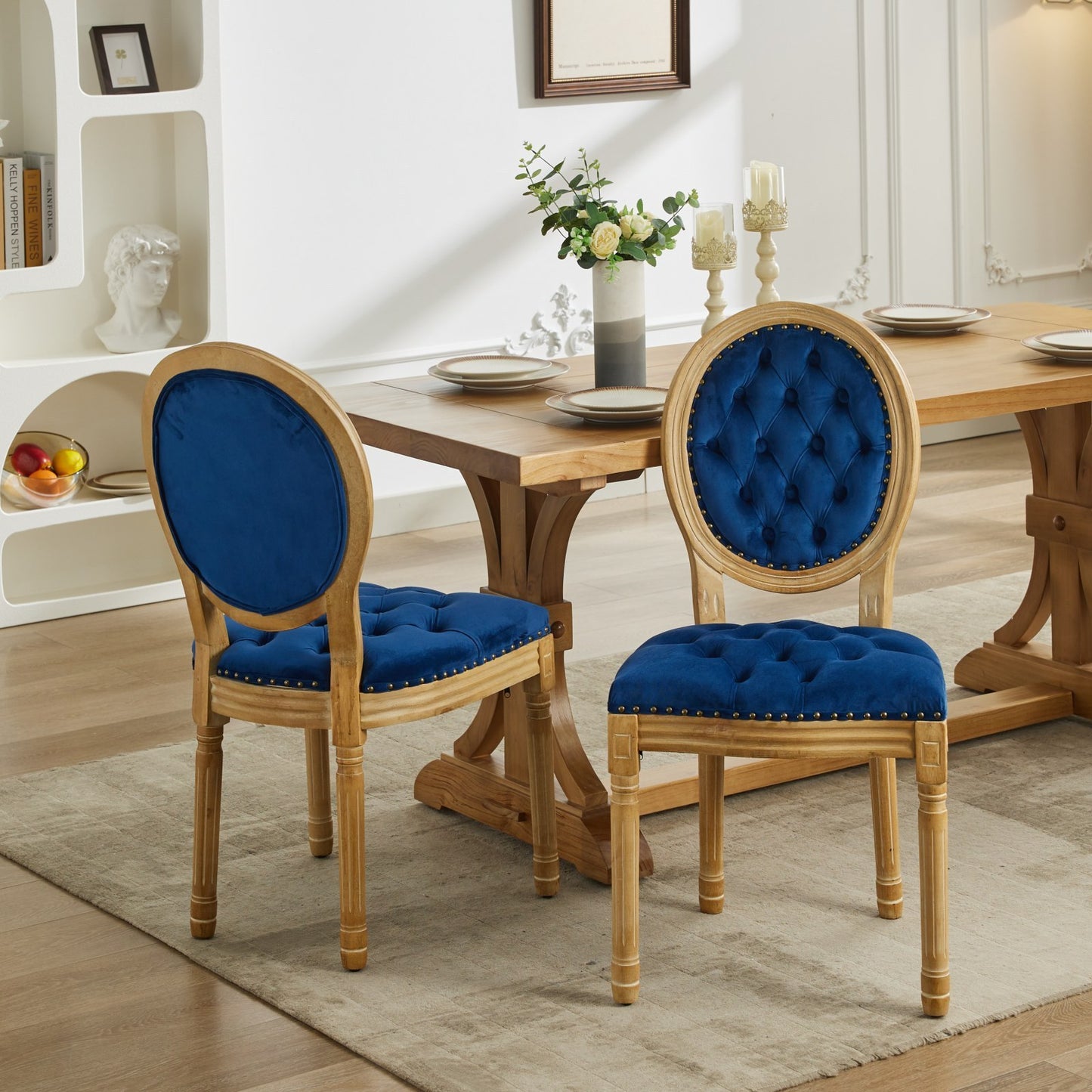 Eliza II French Country Style Side Chairs in Velvet & Solid Wood Set of 2 Blue