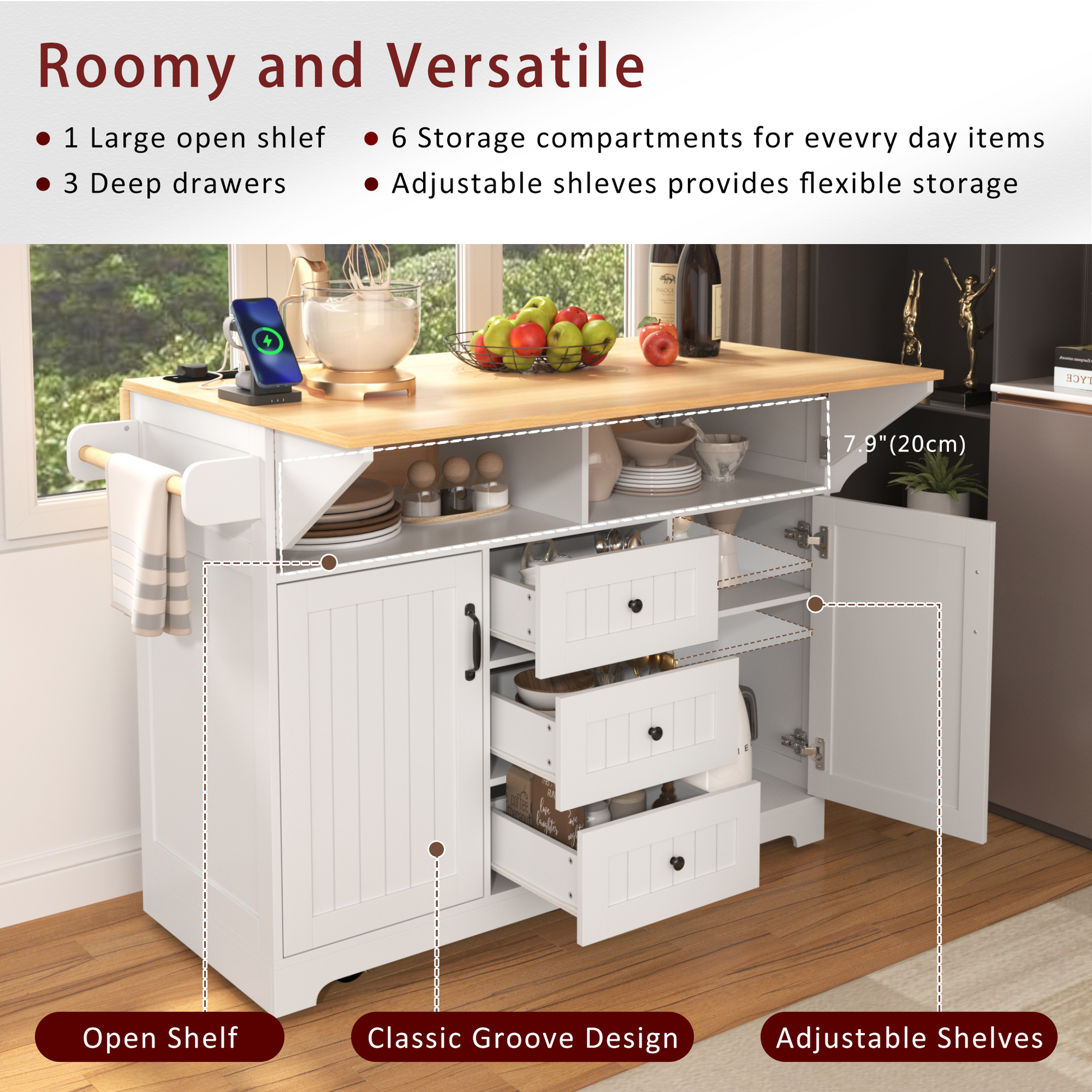 K&k 55.7'' Large Kitchen Island with 2 Drop Leaf - White - detail view 6