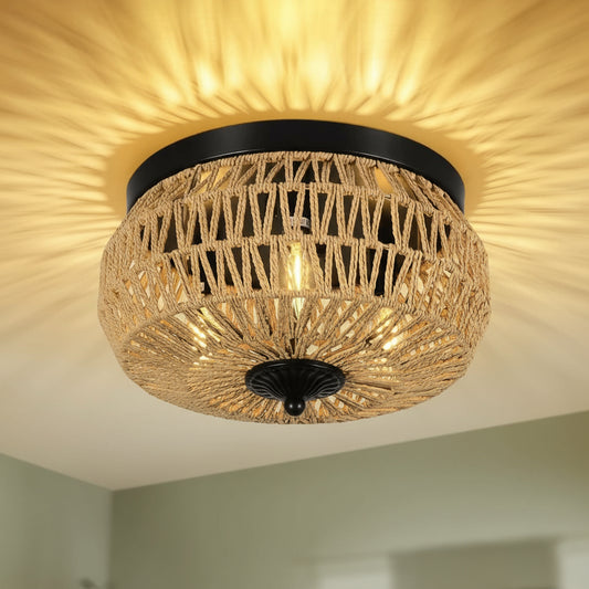 Ceiling light fixture with woven design and black frame on a neutral background