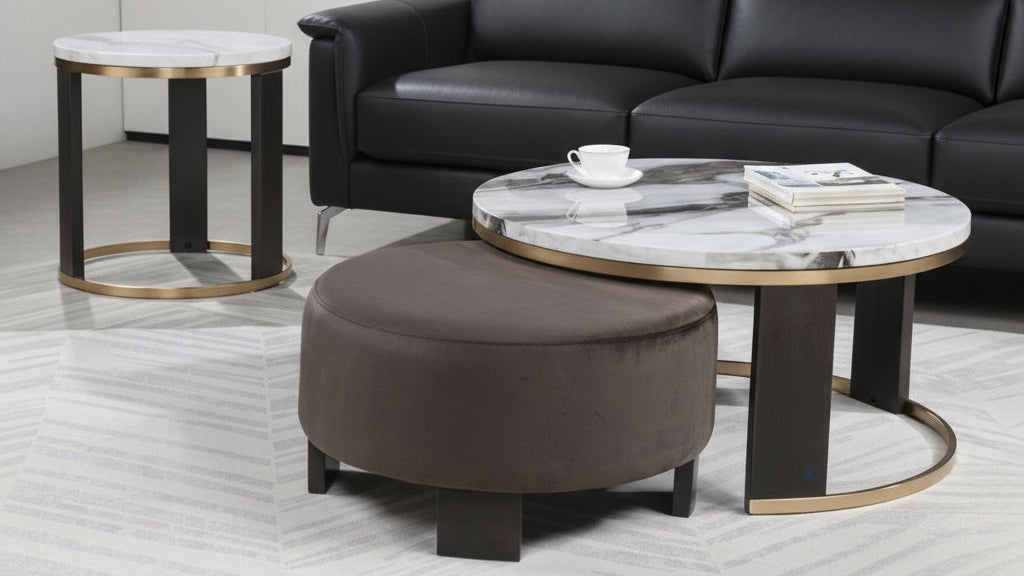 Set of modern coffee table and side table with a brown ottoman on a white background