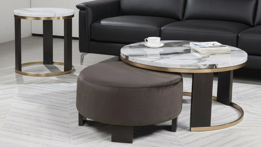 Set of modern coffee table and side table with a brown ottoman on a white background