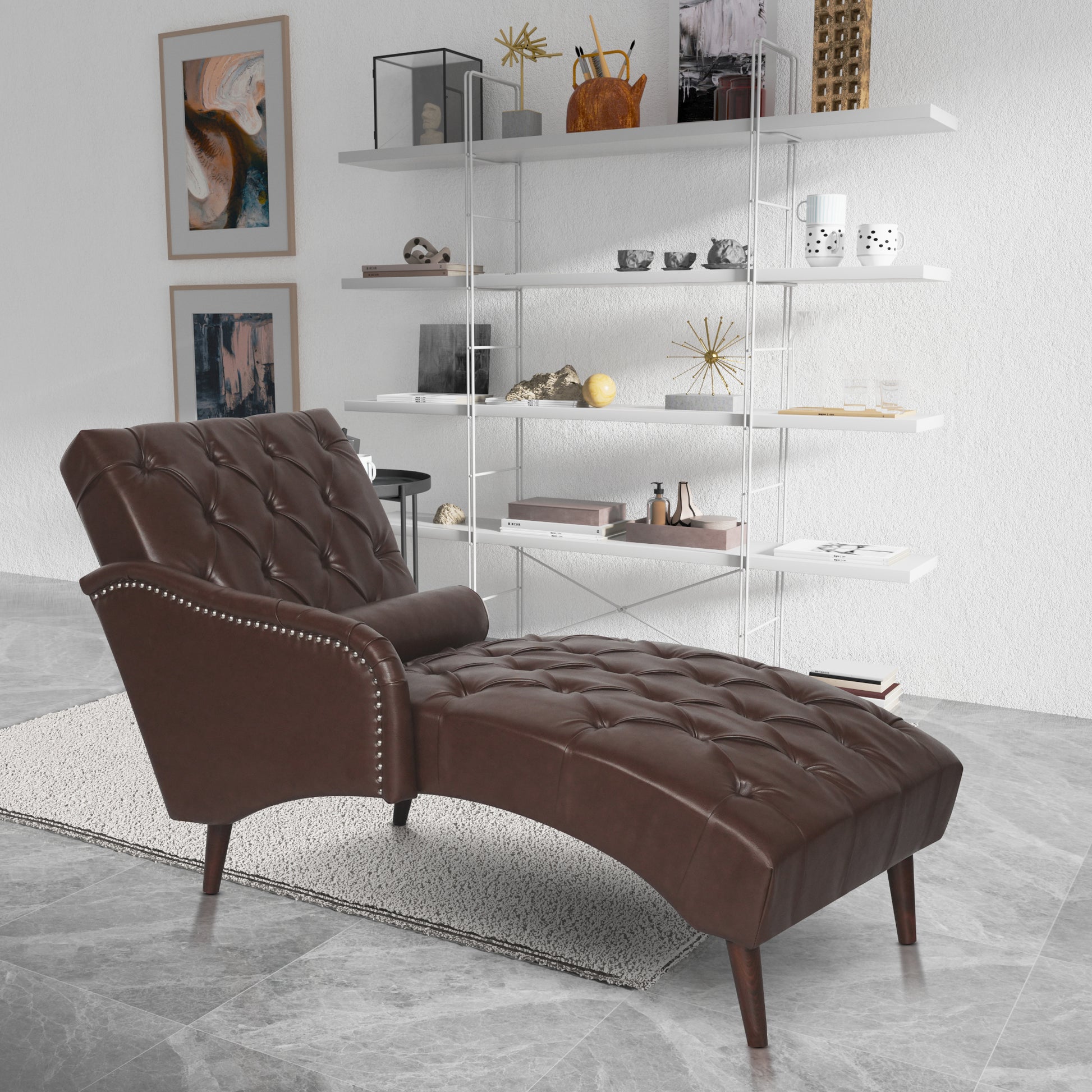 Chaise Lounge Arm Chair Indoor with Pillow & Solid Wood Legs - Brown - primary color shot