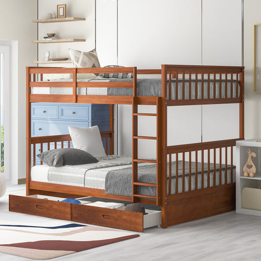Full-Over-Full Bunk Bed with Ladders and Two Storage Drawers Walnut