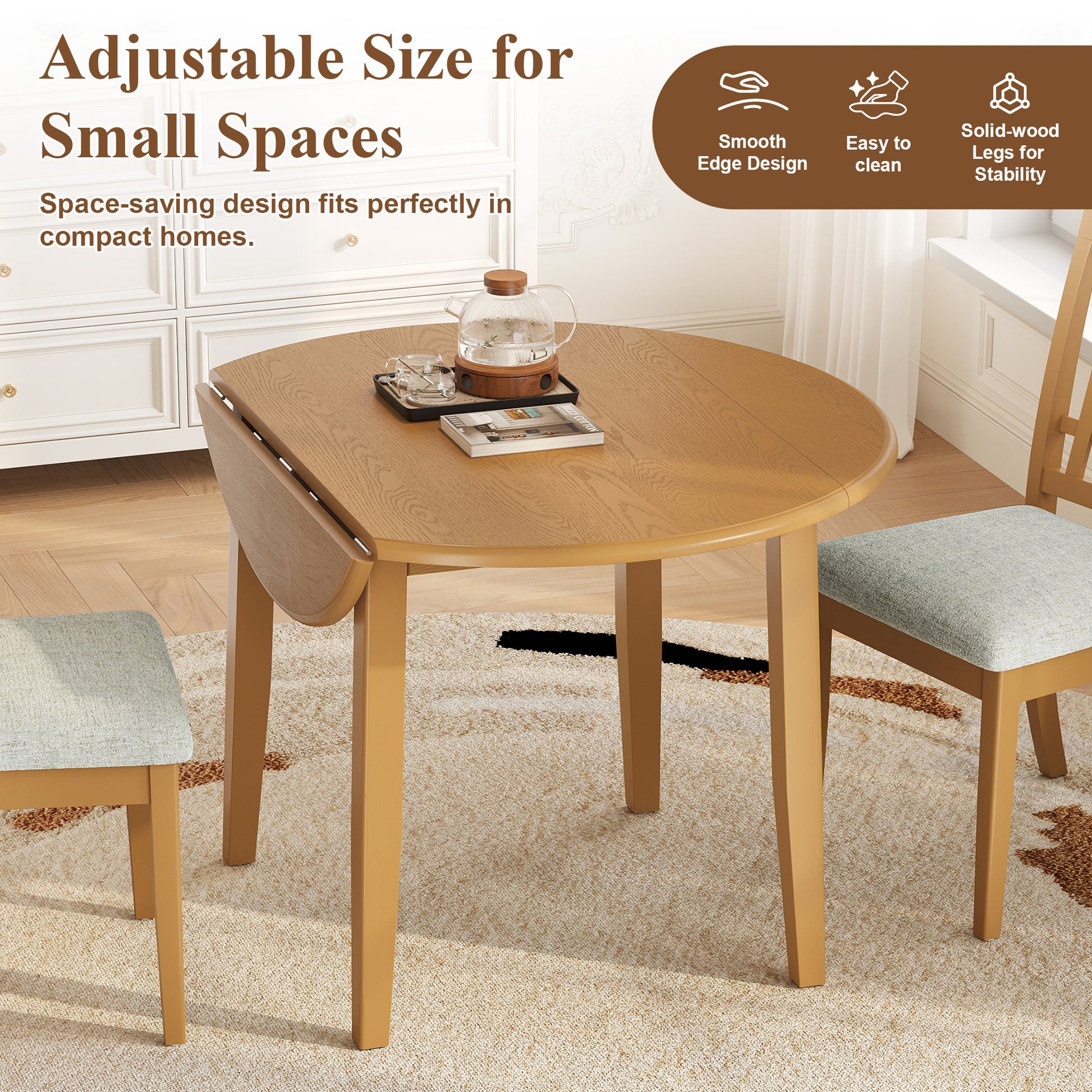 Extendable Round Dining Table for 2–4 People, Folding Wood Dining Table with Adjustable Size, Space-Saving Design for Small Apartments and Dining Areas - detail view 4
