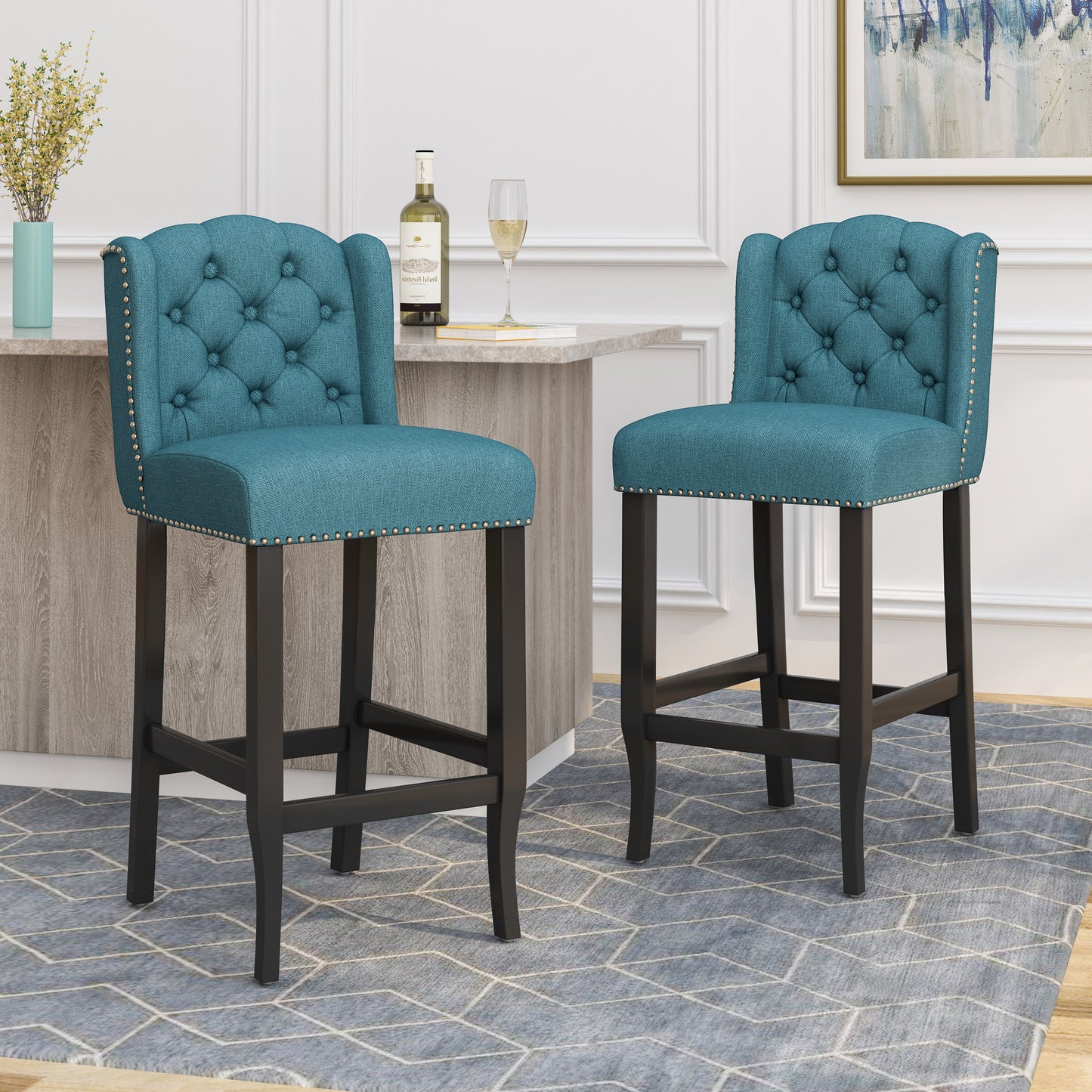 Maura 31" Contemporary Tufted Wingback Bar Stools Set of 2 Teal