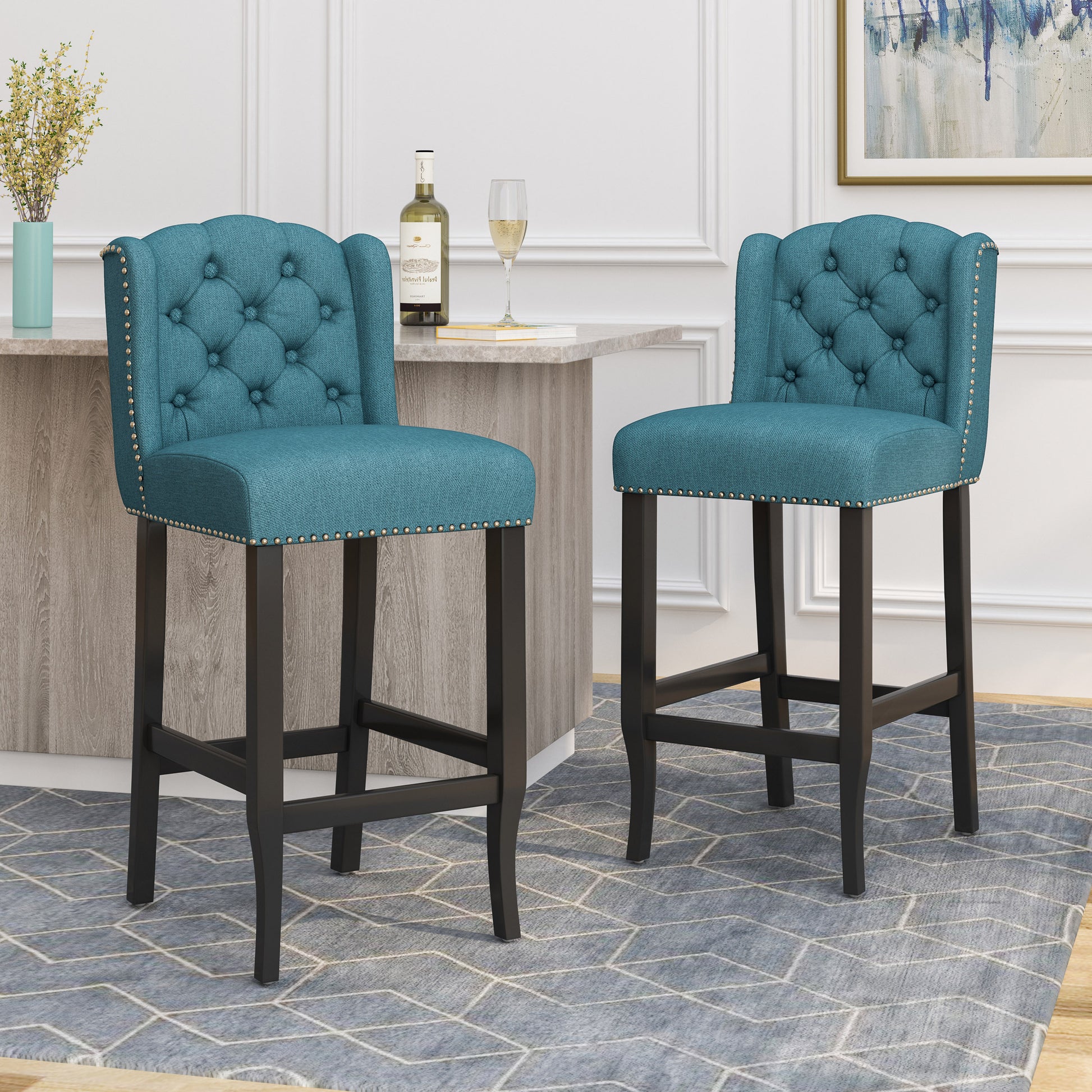 Maura 31" Contemporary Tufted Wingback Bar Stools Set of 2 Teal