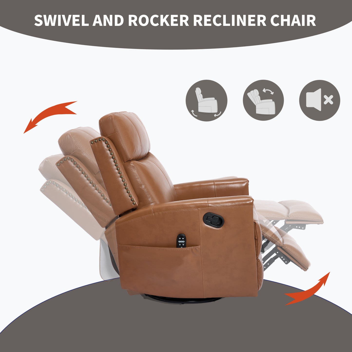 Deep Yellow Genuine Leather Heat Massage Manual Recliner Chair with Rocker and Swivel - detail view 6
