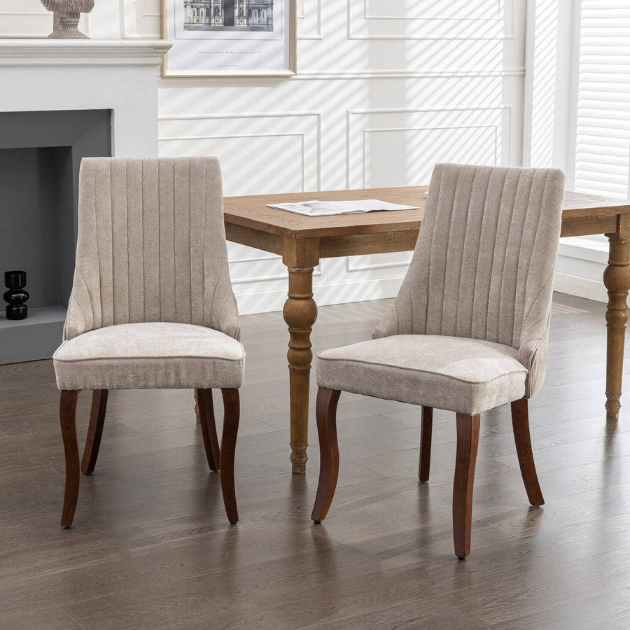Beige Velvet Channel Dining Chairs with Wood Legs (Set of 2)