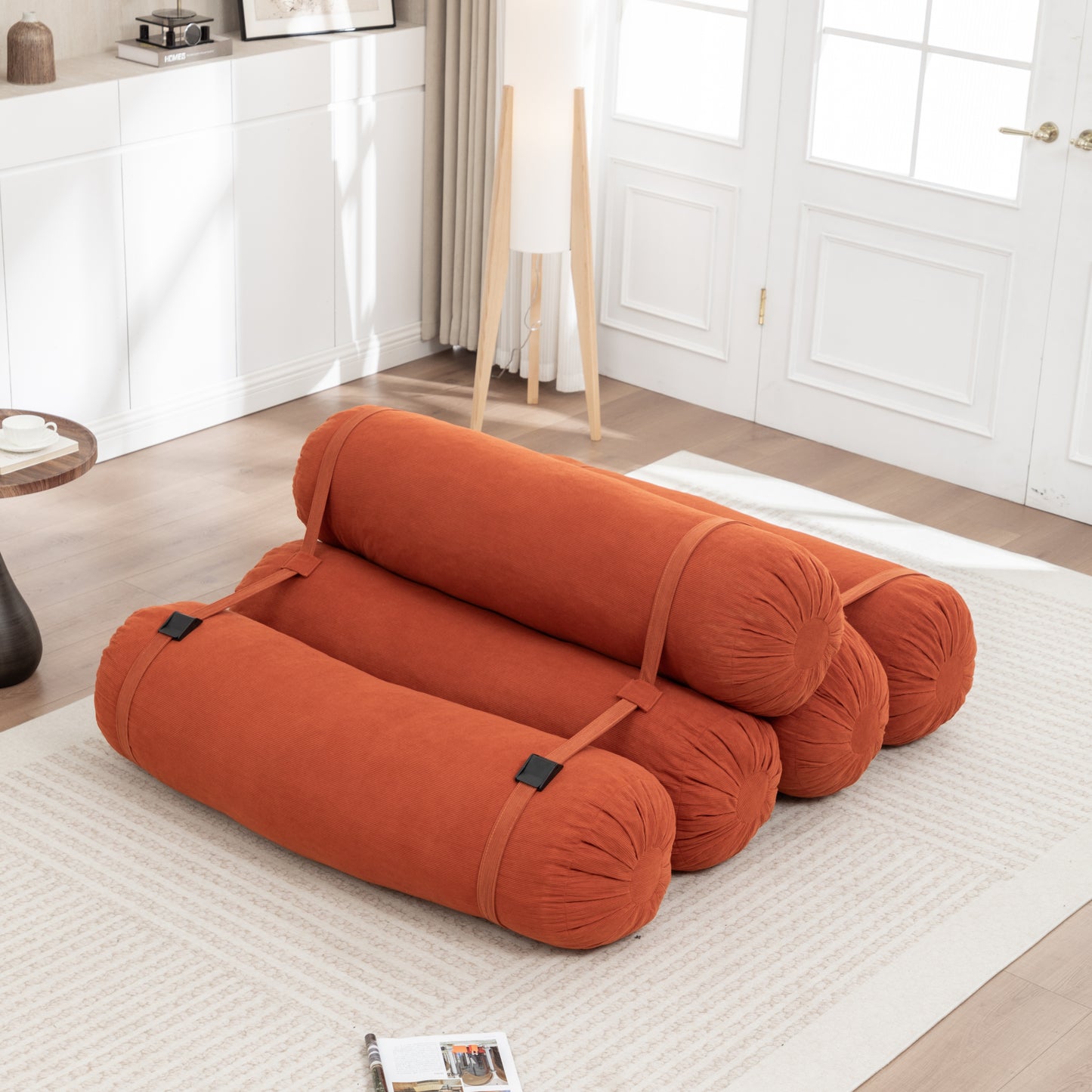 Adjustable Orange Corduroy Floor Sofa with Versatile Pillows