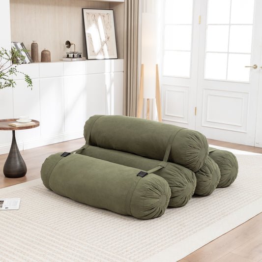 Adjustable Green Corduroy Floor Sofa with 5 Cylindrical Pillows