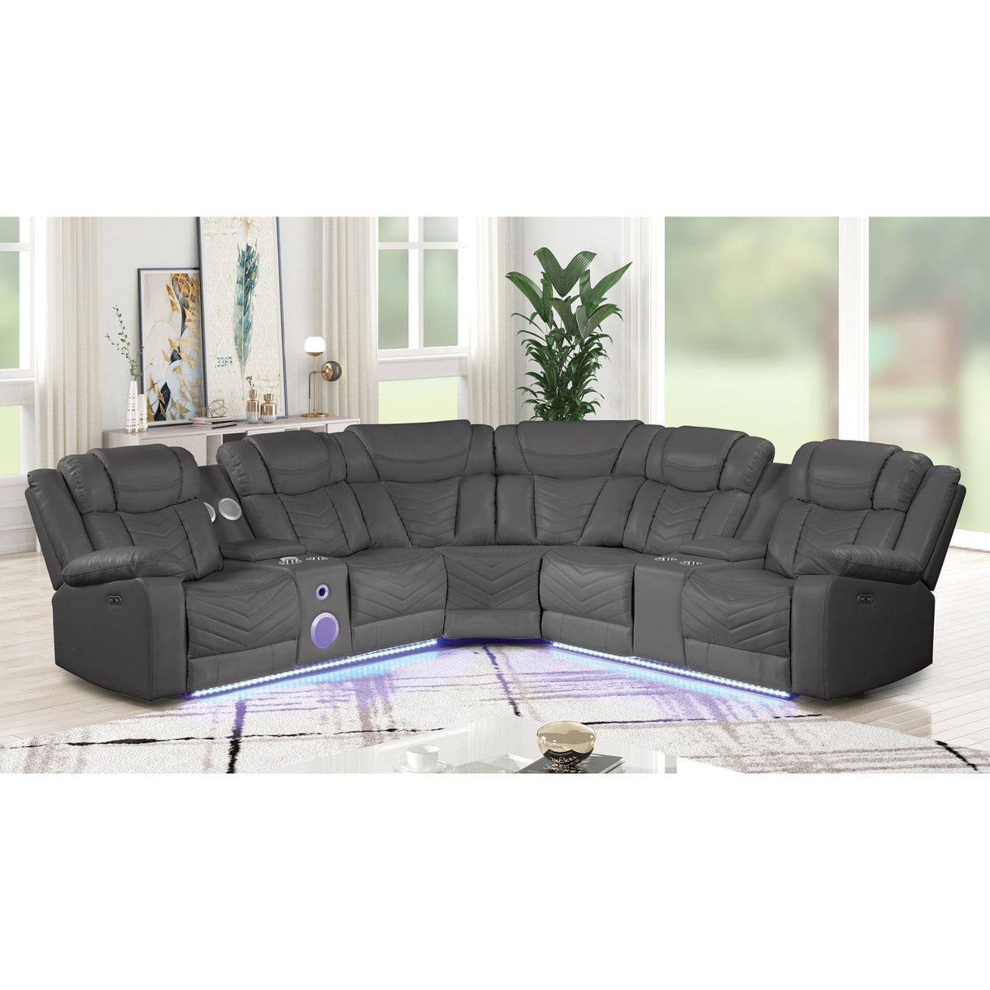 Challenger Modern Style Recliner Sectional Sofa, Built in USB-C Ports & Bluetooth, made with Wood & Faux Leather in Gray - primary image