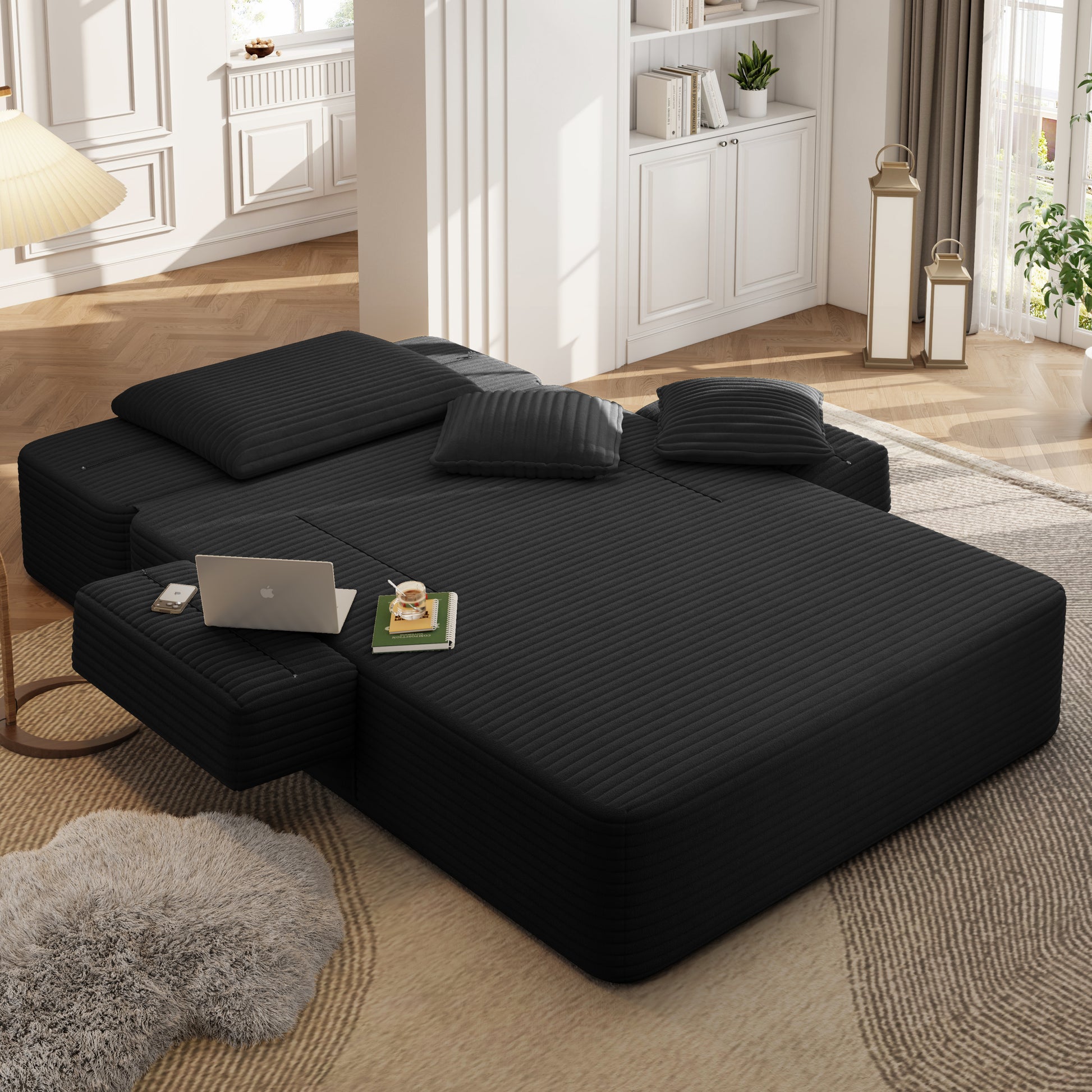 Luxurious Plush Corduroy Chaise Lounge with 3 Pillows - Black - detail view 8
