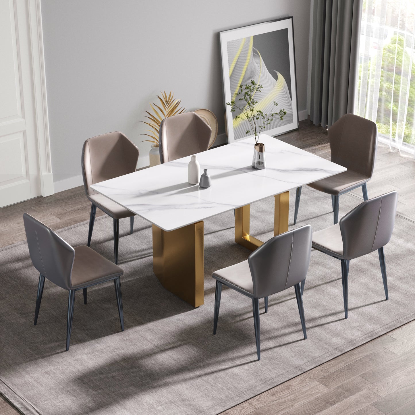 Nyx 63" Modern Sintered Stone Dining Table, White & Gold