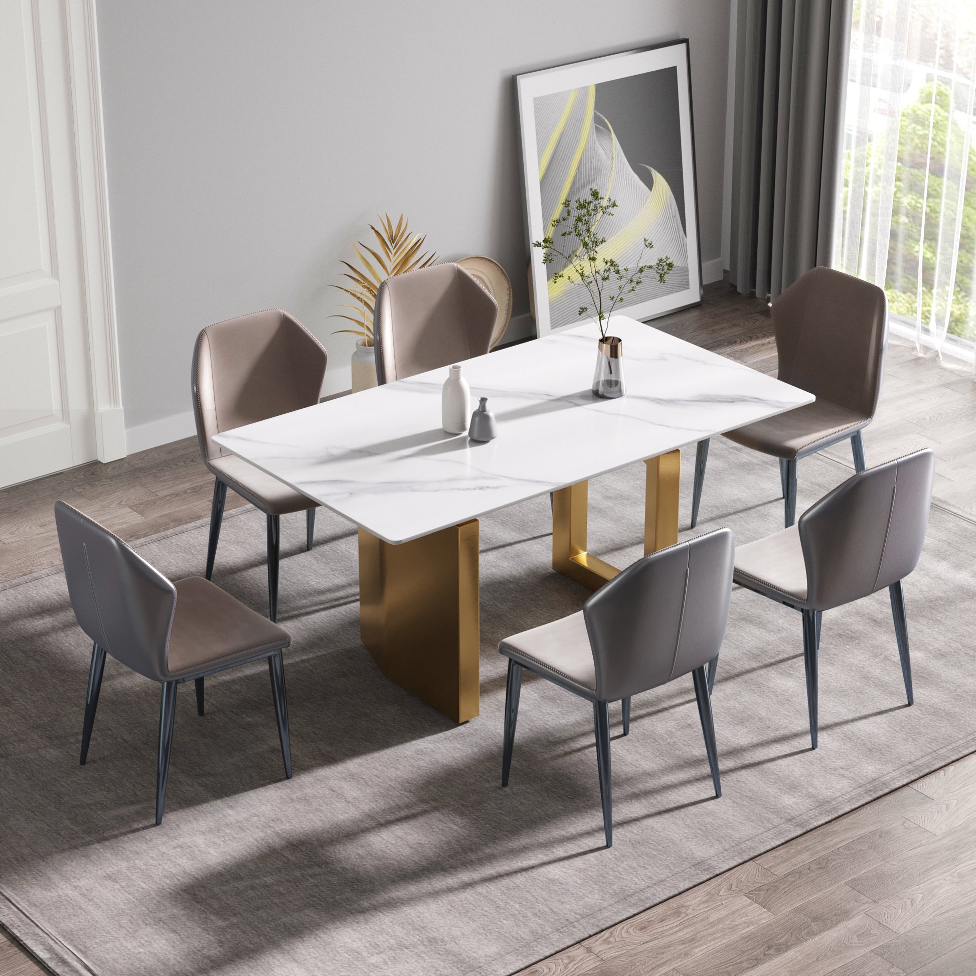 Nyx 63" Modern Sintered Stone Dining Table, White & Gold