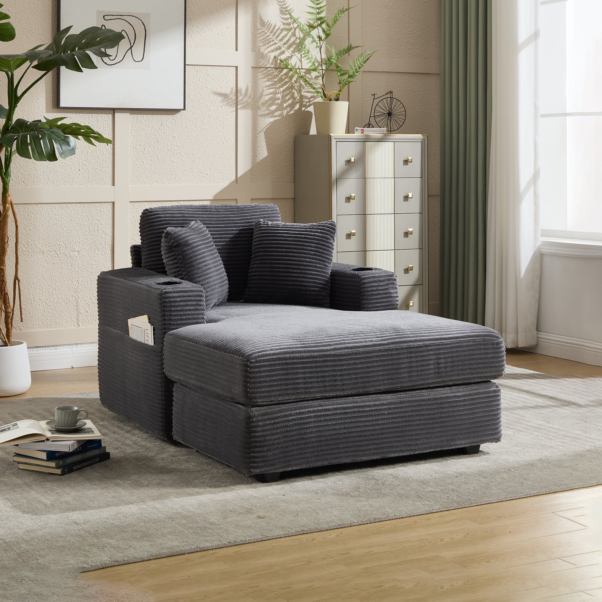 [new]corduroy Upholstered Chaise Lounge Sofa - Grey - primary color shot