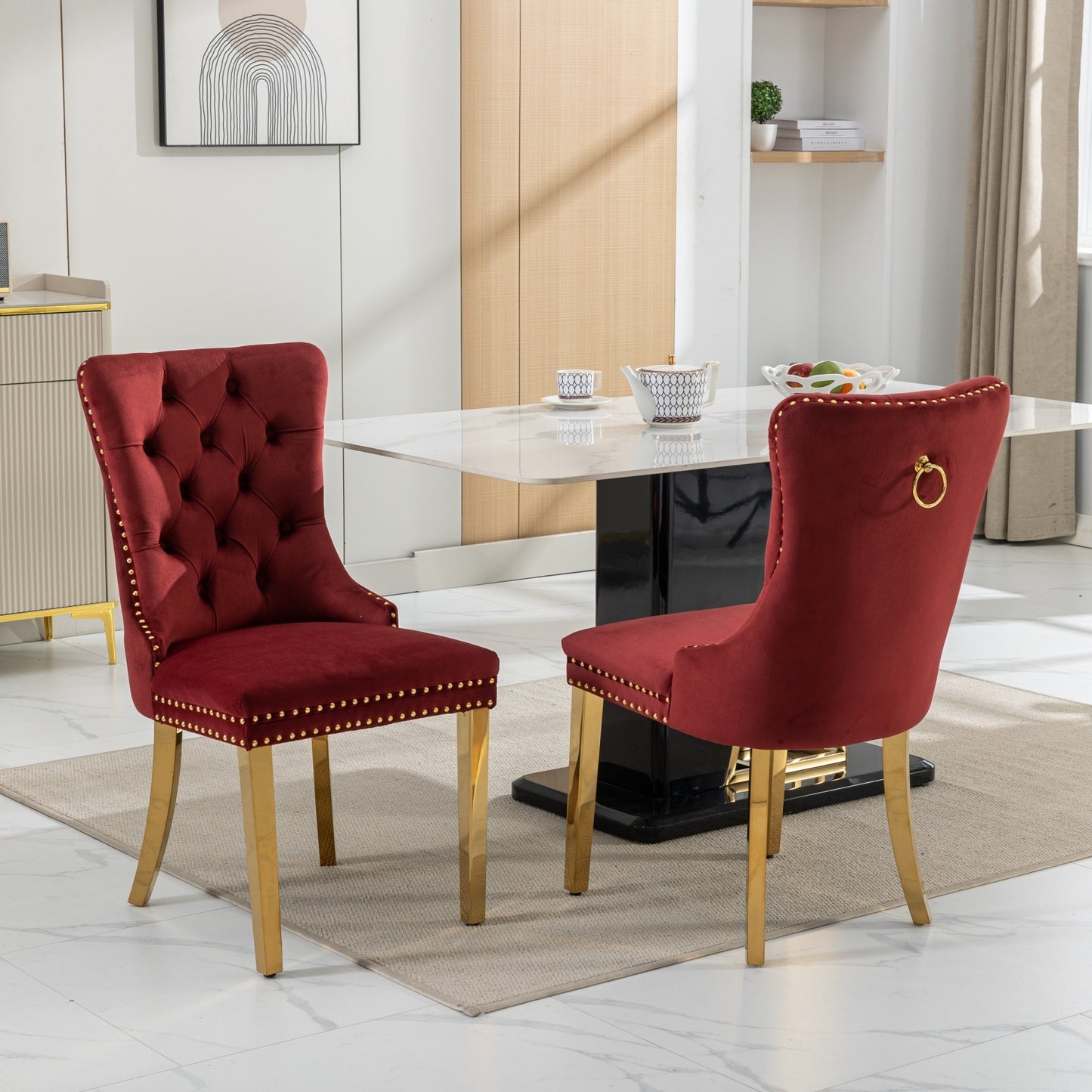 Niki Modern Velvet Side Chair with Nailhead Trim & Gold Leg Set of 2 Burgundy