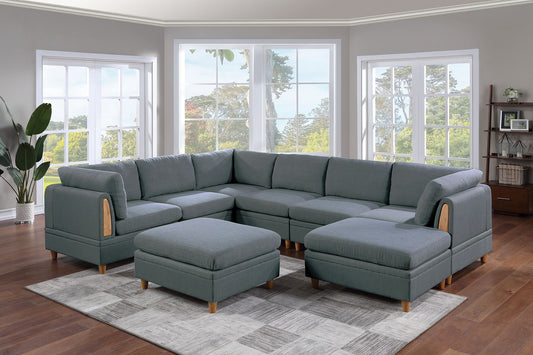 Living Room Furniture 8pc Sectional Sofa Set Steel Dorris Fabric Couch 3x Wedges 3x Armless Chair And 2x Ottomans - primary image